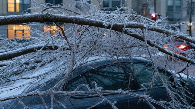 Ice-covered tree fallen onto dark parked car in urban street at dusk