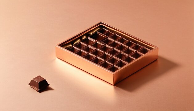 Hyper-realistic close-up of unopened luxury chocolate box resting on shiny raw copper in cinematic raytracing
