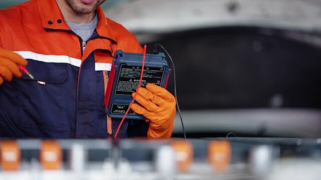 Mid shot of a mechanic torso in orange coveralls turning a red digital multimeter in gloved hands while probing an EV battery module, faces cropped, garage blurred behind
