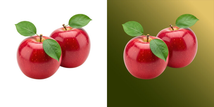 Two fresh red apples with green leaves attached, rendered in 3d style and isolated on a white background, for food and, healthy diet concepts