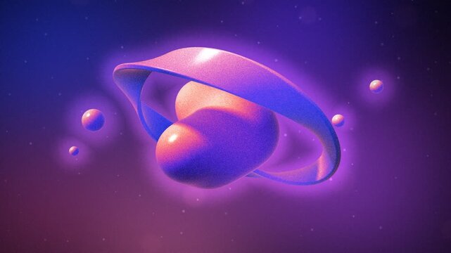 Grainy Gradient 3D Liquid Metaball Sculpture with Twisted Ribbon Ring Orbiting Spheres Seamless Loop