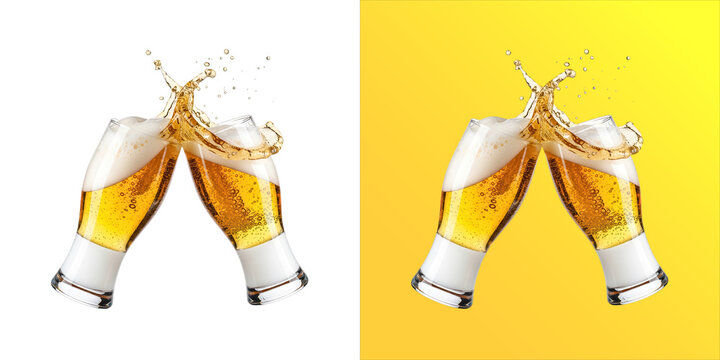 Two glasses of golden beer clinking together with a dynamic splash of liquid and foam, isolated on a white background, celebration drink