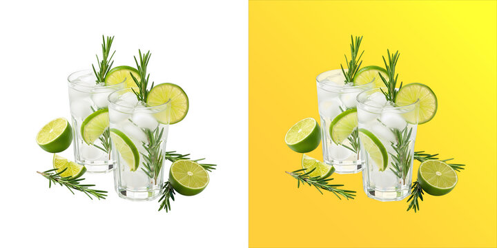 Two glasses of refreshing lime cocktail with ice cubes, fresh rosemary sprigs, and lime slices, isolated on a white background, studio shot