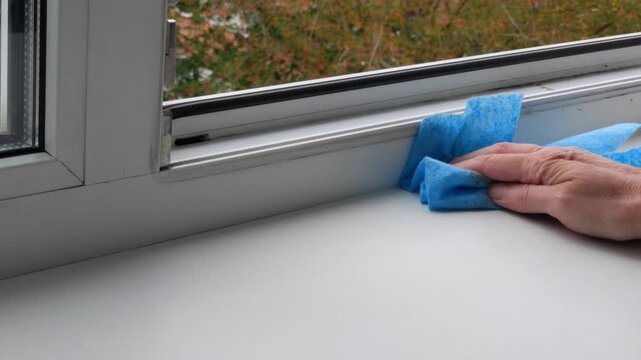 Gloved hand cleans a window frame with a blue cloth. Cleaning service. Removing dust and keeping indoor surfaces clean