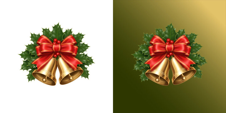 Two golden christmas bells tied with a bright red ribbon and decorated with green holly leaves and red berries, isolated on a white background