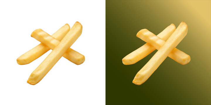 Two golden-brown, crispy french fries arranged in a cross shape, showing a realistic texture, isolated on a white background