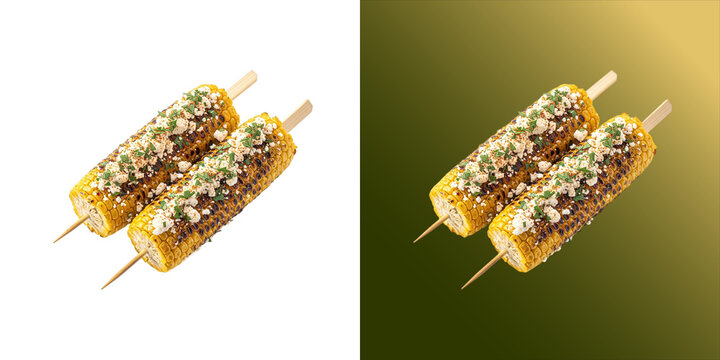 Two grilled corn on the cob skewers seasoned with herbs and spices isolated on a white background, for culinary food, and menu