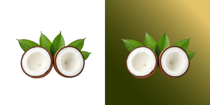 Two halves of a fresh organic coconut with white flesh and brown shell, arranged with vibrant green tropical leaves on a white background isolated