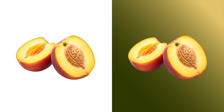 Two halves of a fresh ripe peach with visible stone, showing juicy orange and yellow flesh, isolated on a white background, for food