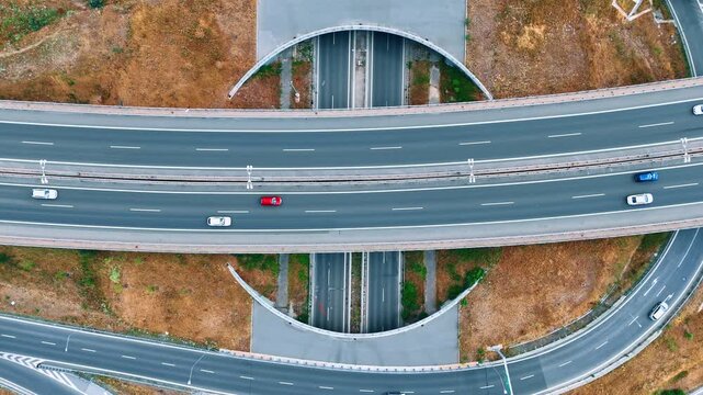 The Krizovatka Prievoz (Prievoz Interchange) in the eastern district of Ruzinov, Slovakia. D1 Motorway over the circular concrete cutouts with sweeping roads.