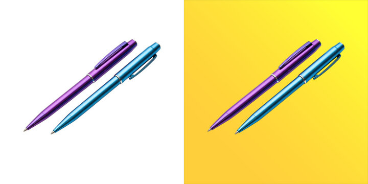 Two metallic ballpoint pens, one purple and one blue, placed diagonally, isolated on a white background, studio lighting, 3d rendered