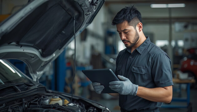 Bearded automotive professional reviews service information on a tablet beside an open engine, conveying repair assessment, workshop expertise, preventive care, and dependable vehicle servicing.