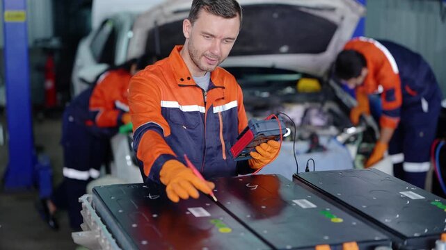 Caucasian technician tests a large EV battery pack with a multimeter at the front while two colleagues lean into the engine bay of a white car on the lift in the garage