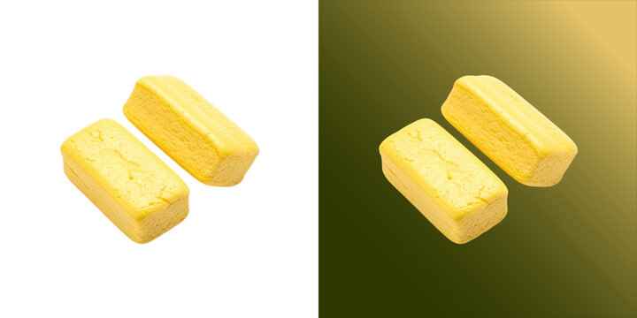 Two rectangular blocks of yellow butter or cheese, showing a smooth, solid texture and soft edges, isolated on a clean white background