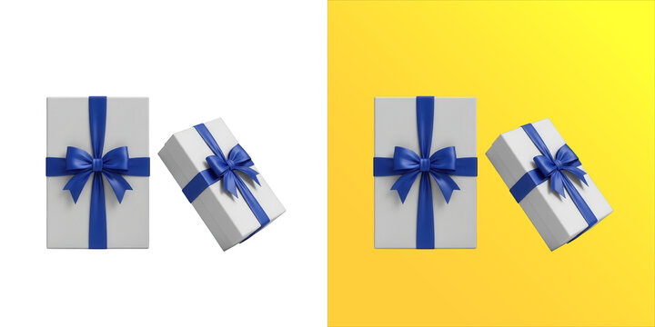 Two rectangular gift boxes wrapped in white paper with vibrant blue ribbons and bows, isolated on a white background, for holiday celebrations