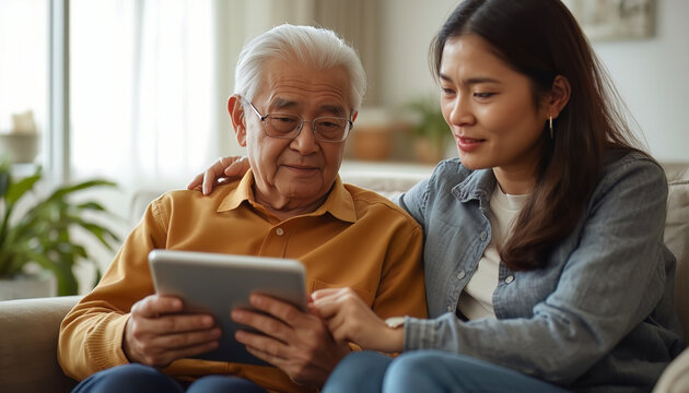 A young woman guides an older man using a tablet, highlighting digital mentoring, family care, and older adults gaining confidence with technology.