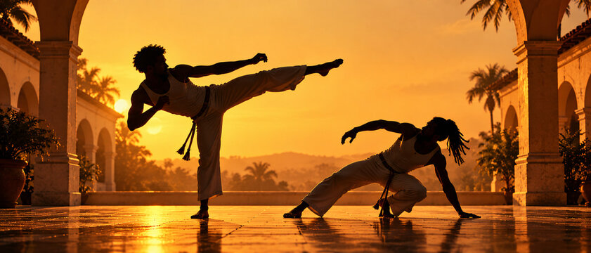 Capoeira Duo Silhouettes in a Golden Sunset Courtyard