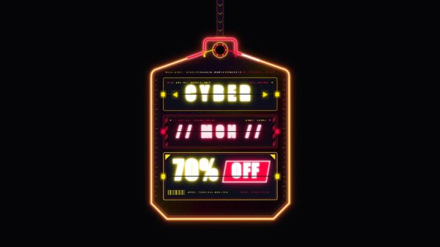 Futuristic digital price tag HUD with Cyber Monday sale and eighty percent discount