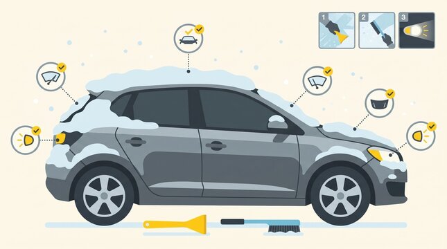Winter car snow clearance guide infographic featuring an ice scraper and brush for safe vehicle maintenance. This flat vector illustration details step by step winter car care techniques.