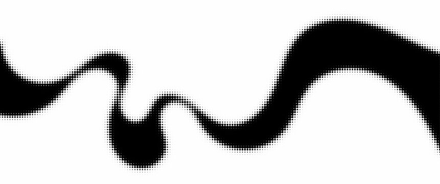 Abstract halftone pattern, wavy line made of dots, monochrome gradient with fading. Dotted line pattern, design for background. Halftone dynamic line, isolated on white background. Dots background