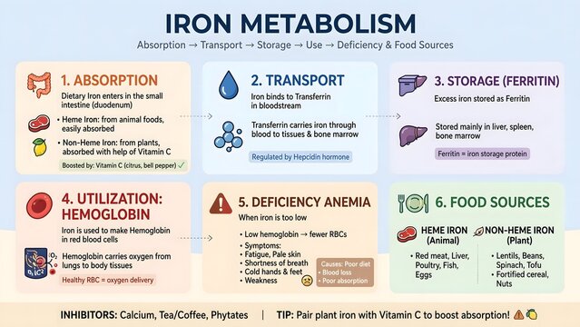Iron metabolism diagram showing absorption transport storage and deficiency anemia infographic.