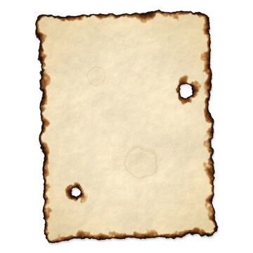 Blank old paper sheet with burnt charred edges and burn holes isolated on transparent background