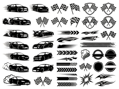 Race car and speed flags vector icons set