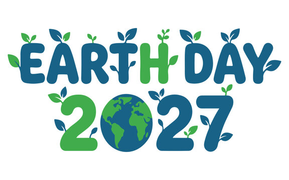 Earth day 2027 text design with green leaves