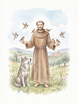 Watercolor Saint Francis of Assisi with birds and a wolf in a green meadow