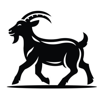 Flat vector illustration of a walking goat with horns and a beard.