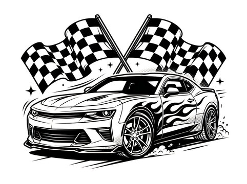 Race car with checkered flags illustration