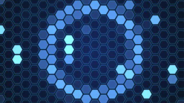 Blue hexagon grid with pulsing light waves, seamless loop