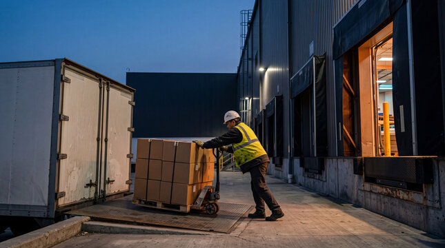 Warehouse worker pushing pallet jack loaded with cardboard boxes at loading dock at dusk with copy space on top left