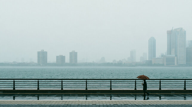 Person with umbrella walking along rainy waterfront promenade with foggy city skyline across the water with copy space on top