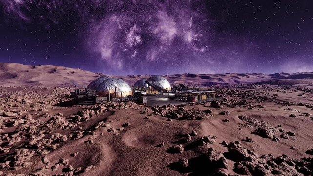 martian colony domes under milky way sky with vivid purple tones, expansive starfield above rugged red terrain, centralized hub of connected modules emitting