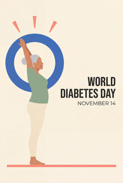 World Diabetes Day poster with senior woman stretching in blue circle flat vector-style illustration with copy space