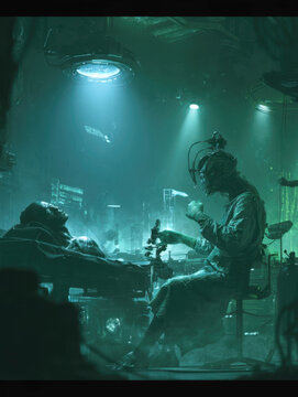 cyberpunk sci fi futuristic medical laboratory robotic surgeon doctor examining patient using microscope advanced technology cybernetic research alien biology green neon light concept