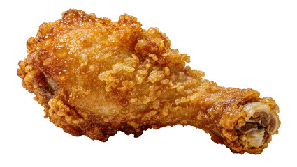 Crispy golden fried chicken drumstick with visible oil droplets, isolated on transparent background © Ibrian