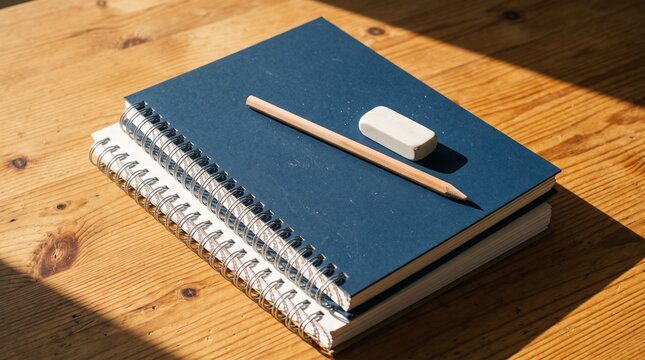 Blue spiral notebook with pencil and eraser on wooden table
