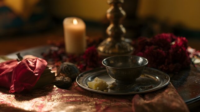 A still life arrangement of ceremonial objects including a candle  metal bowl  and dried flowers on an ornate cloth