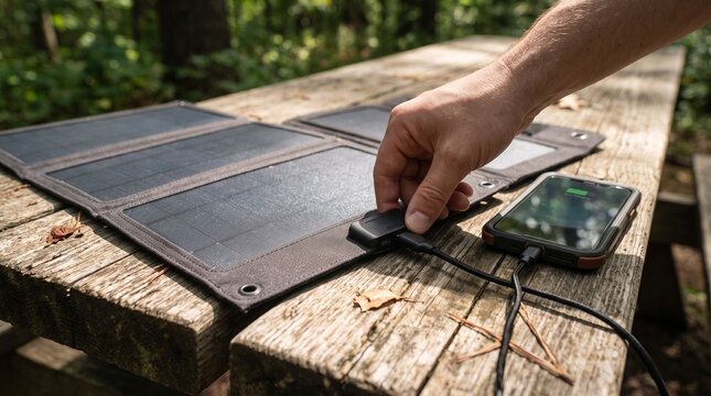 Portable solar panel charging a smartphone in a forest setting  