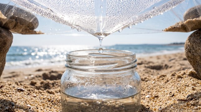 Solar water desalinator filtering water on beach with sunlight reflections  