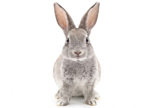 Cute gray rabbit sitting and facing forward on a white background.