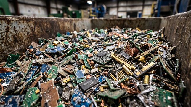 Recycled circuit boards in a bin representing Eco-Tech and Circular Economy  