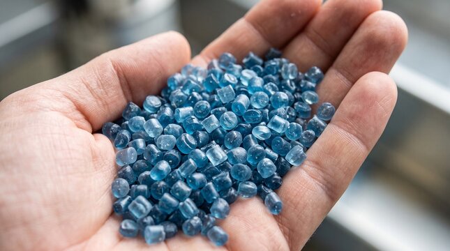 Hand holding recycled plastic pellets for Eco-Tech & Circular Economy  