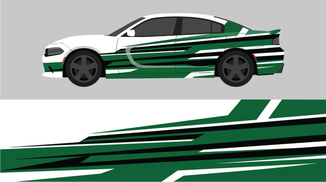 Car Wrap Design with Green and White Racing Stripes Livery