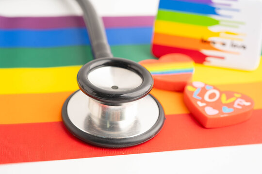 LGBT symbol, Stethoscope on rainbow flag, rights and gender equality, LGBT Pride Month in June.