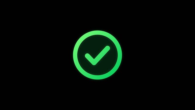 Animated green check mark in a circle on black background, approved tick symbol, verified yes icon