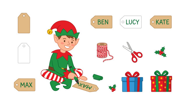 Elf wrapping colorful gift boxes with name tags and holiday decorations