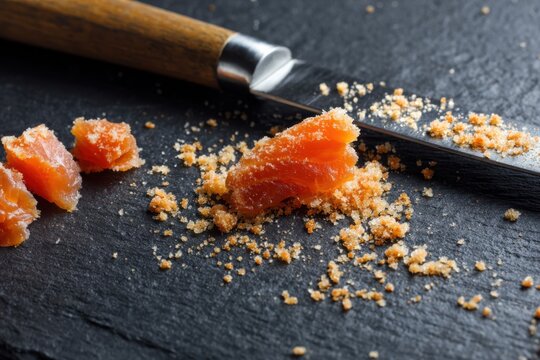 Sweet-cured salmon rests on dark slate beside a knife and scattered crumbs, highlighting traditional preparation and rich texture